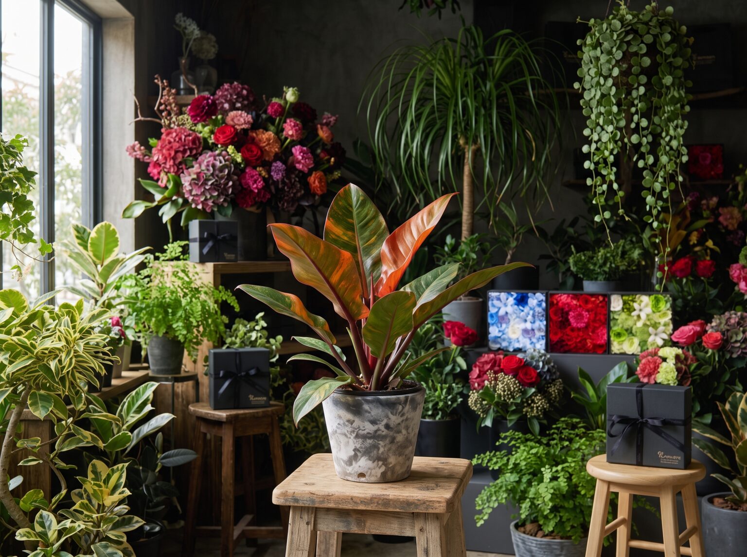 鉢植えのフィロデンドロン レッドムーン。赤やオレンジの斑が入った葉と、花や植物に囲まれた店内